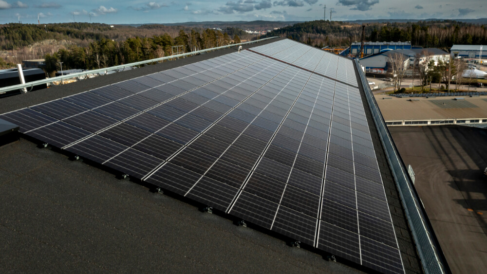Solar panels shown from a bird-eye view located on top of the CME Kungälv facility.